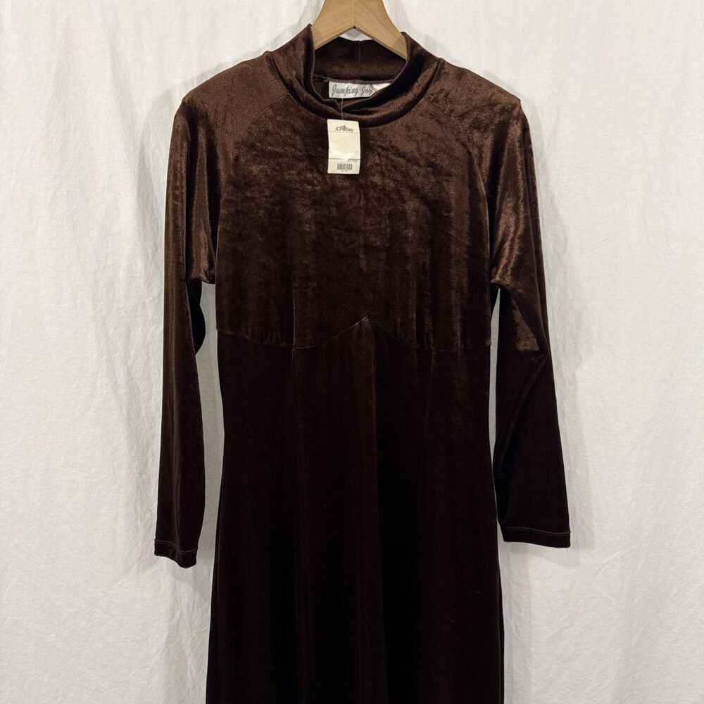 Jumping Joy Vintage Chocolate Brown Crushed Velvet Mock Neck Maxi Dress Womens L